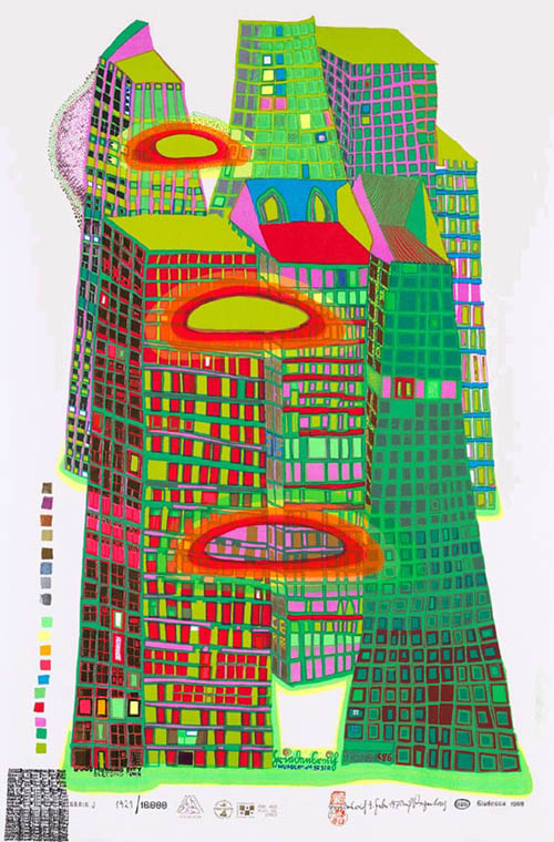 Hundertwasser - Good Morning City - Bleeding Town - series J - 1969 color screenprint
